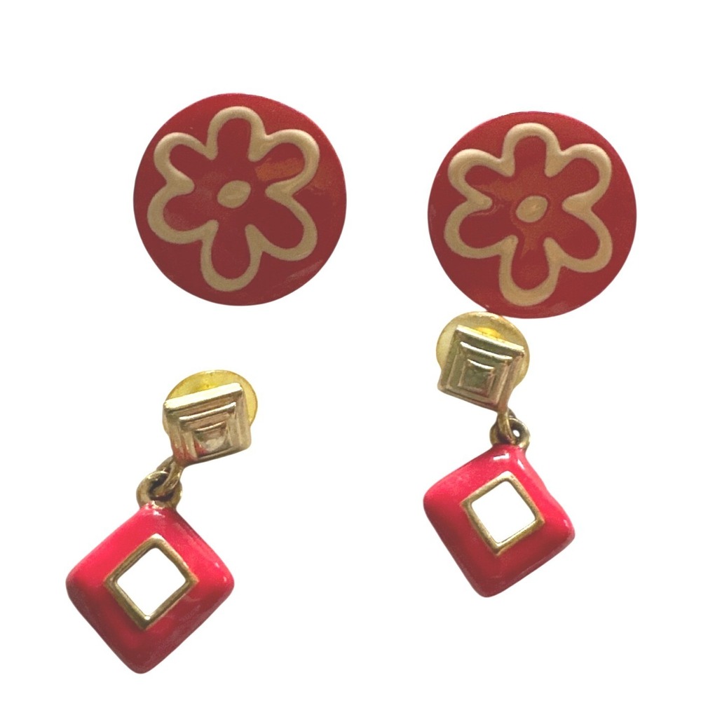 Vintage Red Enamel Earring Set Mod Flower Studs & Geometric Gold Tone Drops 2 Pr